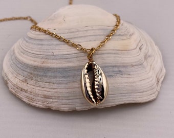 Golden Oceans, Gold Cowrie Shell Necklace, Gold Electroplated Cowrie Shell Necklace, Gift for Her