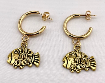 Gold Filled Fish Charm Hoop Earrings, Beach Jewelry