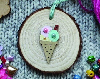Ice cream hanging wall decoration made from wood and natural materials. Perfect small gift