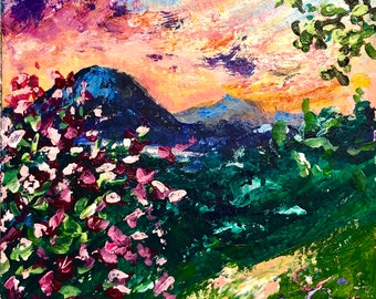 mountain landscape, sunset, original, painting, impressionist, palette knife, original art, small painting, paper, 4x6