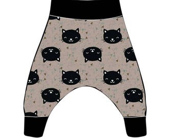 Pantalons sarouel évolutif MON P'TIT CHAT, motif de chat noir , fourche basse, confortable joggers evolutif foncé géometrique