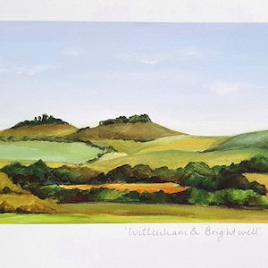 May include: Landscape painting of rolling green hills under a blue sky with scattered clouds. The artwork, titled "Wittenham & Brightwell," features a vibrant color palette of greens, yellows, and blues. Signed by the artist, Charles Davies, and numbered 63/250.