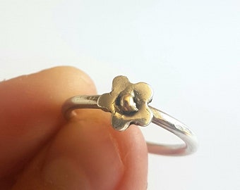 Silver Flower Ring // Silver ring with solid gold ball