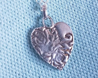 Silver heart pendant // rose print heart necklace //solid silver