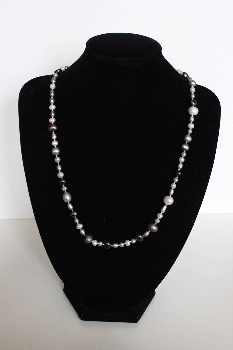 Pearl necklace//Hand knotted//White, grey, bronze & peacock fresh water pearls image 2