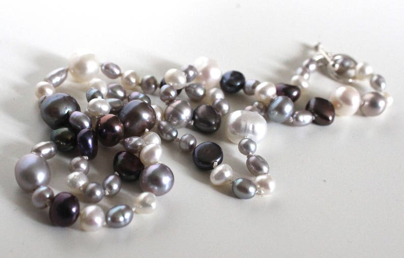 Pearl necklace//Hand knotted//White, grey, bronze & peacock fresh water pearls image 6