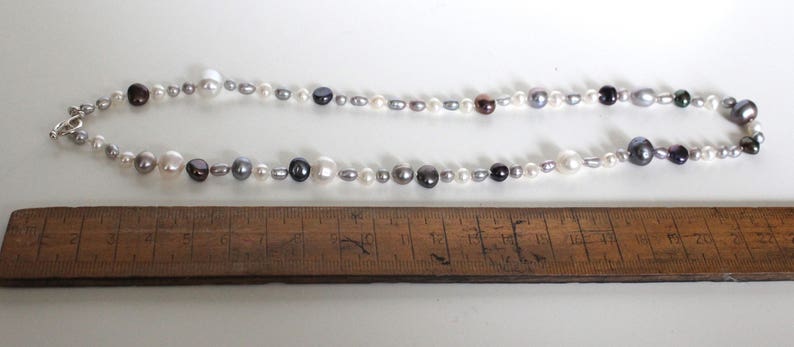 Pearl necklace//Hand knotted//White, grey, bronze & peacock fresh water pearls image 3