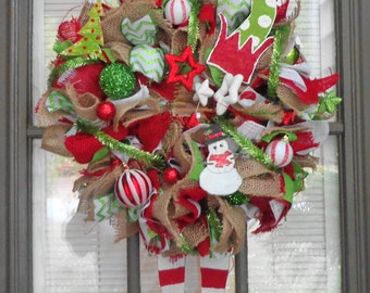 Candy Cane Ball Ornaments and 20 Led Lights for Themed Home Party D/écor Ribbon Bow ALLYORS Christmas Elf Door Wreath Decoration with Delightful Booty ELF Butt