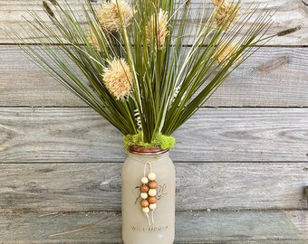 Fall Farmhouse handmade centerpiece or countertop arrangement with handpainted 1/2 gallon sized mason jar. Thanksgiving/fall deco.