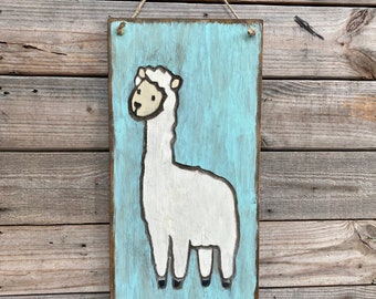 Rustic wood engraved llama hand painted kids wall decor, nursery decor, baby shower gift.