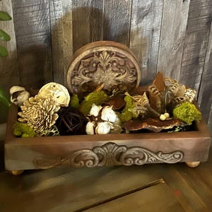 Large handmade table riser 14.5”ww 6.5” d and 3.h, 8” h in back. Table top decor decorative stand. Wood table riser