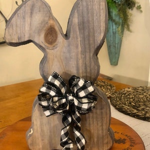 Large 14” solid wood farmhouse style rustic Easter Bunny with bow plaid or khaki