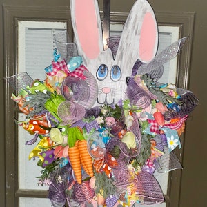 Ex Large 30”x21” ribbon and mesh  greenery flowers and carrots Easter wreath with hand made wood rabbit