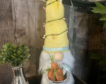 Large 14” completely handmade Easter gnome  with carrots and mushroom in bucket made with a crepe Myrtle branch