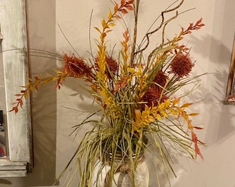 Fall Farmhouse handmade  wood carved box centerpiece or countertop caddy with handpainted 1/2 gallon sized mason jar. Thanksgiving/fall deco
