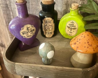 May include: Three small glass bottles with cork stoppers and labels. The bottles are filled with purple, black, and green liquids. The labels read "Witch's Brew", "Snake Venom", and "Moth Wings Tonic". A small mushroom figurine is in the center of the image.