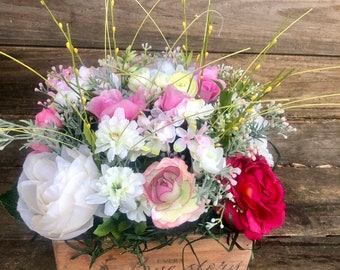 Rustic farmhouse floral wedding or special occasion or any occasion arrangement in handmade box with image transfer.