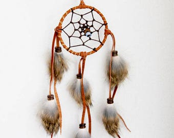 Leather Dreamcatcher / Pendant with rabbit hair