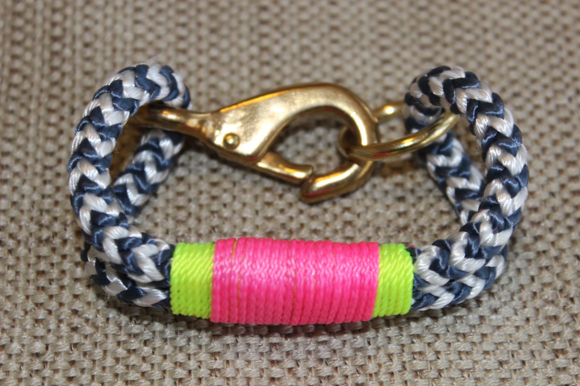 Customized Maine Rope Bracelet Blue White Chevron Rope Neon Yellow / Pink Accent Made to Order