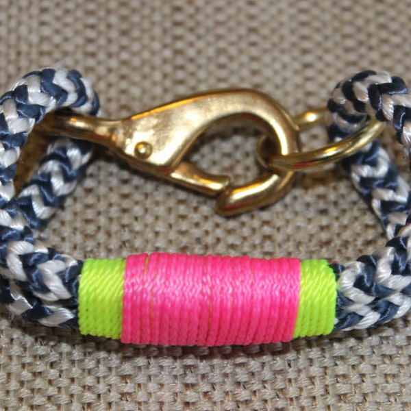 Customized Maine Rope Bracelet - Blue White Chevron Rope - Neon Yellow / Pink Accent - Made to Order