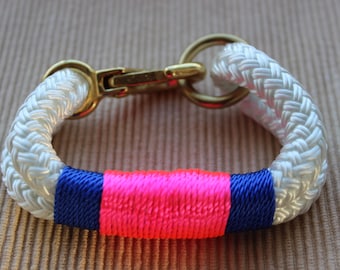 Customized Maine Rope Bracelet - White Rope - Blue / Neon Pink Accent - Made to Order