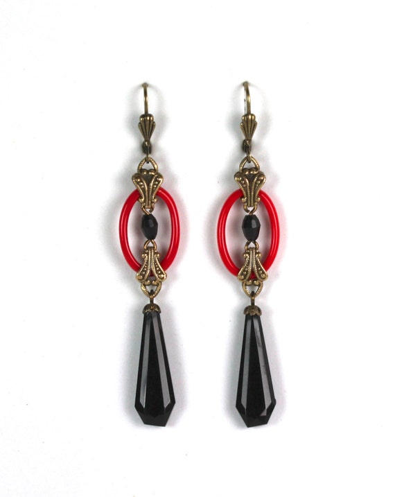 Items similar to Art Deco Earrings w/ Red Czech Glass and French Jet on ...