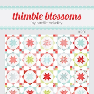May include: A quilt pattern called "Thimble Blossoms" by Camille Roskelley. The pattern features a grid of colorful stars and squares. The pattern is called "Sugar Plums" and is number 220.