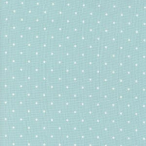 May include: A light blue fabric with a white polka dot pattern.
