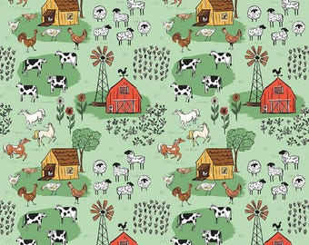 Farm Livin Main Farm Scene in Mint Green Fabric by Diane Labombarbe for Riley Blake Fabrics