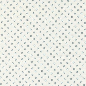 May include: White fabric with a repeating pattern of small blue circles.
