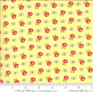 May include: Yellow fabric with a repeating pattern of red flowers, white bees, and small white dots.
