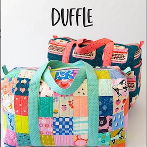 May include: Two patchwork duffle bags with the text "PATCHWORK DUFFLE". The front bag has a colorful patchwork design with a light blue handle. The back bag is teal with pink handles.