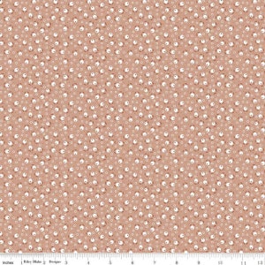 May include: A seamless fabric pattern with a repeating design of small white circles with a brown center, surrounded by a white ring, on a light brown background.
