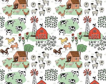 Farm Livin Main Farm Scene in White Fabric by Diane Labombarbe for Riley Blake Fabrics