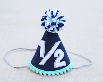 Boy 1/2 Birthday Hat- Boys Half Birthday Mini Party Hat - Boys 1/2 Birthday Party Hat - Navy Blue and Aqua