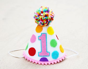 Girl First Birthday Hat - Girls Rainbow 1st Birthday Hat - Confetti Party Hat - Ice Cream Party