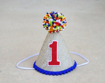 Boy 1st Birthday Hat - Burlap and Primary Colors Party Hat - Boys First Birthday Hat