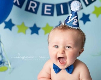 Boys Half Birthday Hat - Blue Party Hat and Bow Tie - Boy 1/2 Birthday Mini Glitter Blue Party Hat