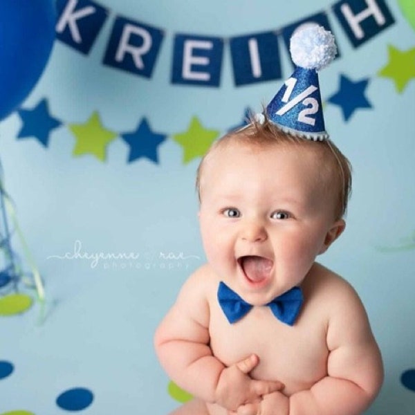 Boys Half Birthday Hat - Blue Party Hat and Bow Tie - Boy 1/2 Birthday Mini Glitter Blue Party Hat