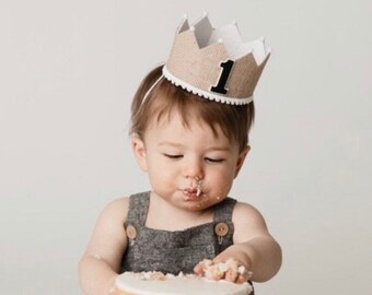 Boy 1st Birthday Crown - Boys First Birthday Crown - Neutral - Burlap Party Crown - Natural Boho Crown