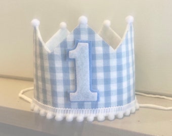 Boy 1st Birthday Crown - Blue Gingham Crown - Boy First Birthday Crown - Gingham Birthday Outfit