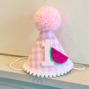 Watermelon Birthday Party Hat - One in a Melon Party- Girl Birthday Hat - Pink Gingham Party Hat - 1st Burthday Hat