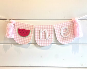 Watermelon High Chair Banner, One in a Melon Birthday Banner, Girl Highchair Banner, Pink Gingham Banner
