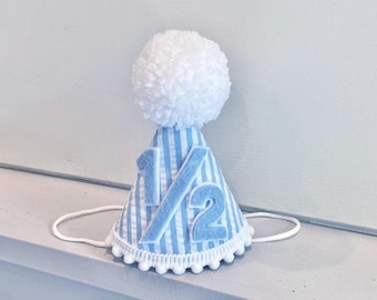 Sombrero de medio cumpleaños para niño - Sombrero de fiesta de seersucker azul - Sombrero de fiesta de medio cumpleaños para niño