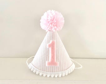 Girl 1st Birthday Light Pink Seersucker Party Hat - First Birthday Hat Girl - Baby Girl Birthday
