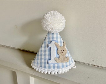 Bunny Birthday Hat - First Easter Birthday Hat - Boy Birthday Hat - Some Bunny is One - Blue Gingham