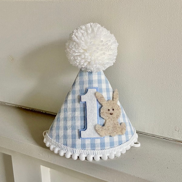 Bunny Birthday Hat - First Easter Birthday Hat - Boy Birthday Hat - Some Bunny is One - Blue Gingham