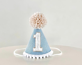 Baby Blue Denim and Beige Party Hat - Boy 1st Birthday Hat- First Birthday Hat - Light Blue Party Hat