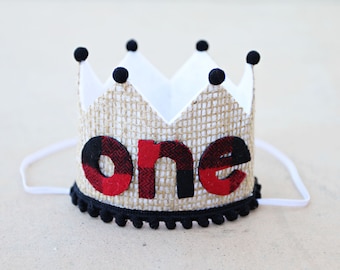 Boy 1st Birthday Crown - Red Buffalo Plaid First Birthday Crown - Lumberjack Birthday Party- Wild One Crosn