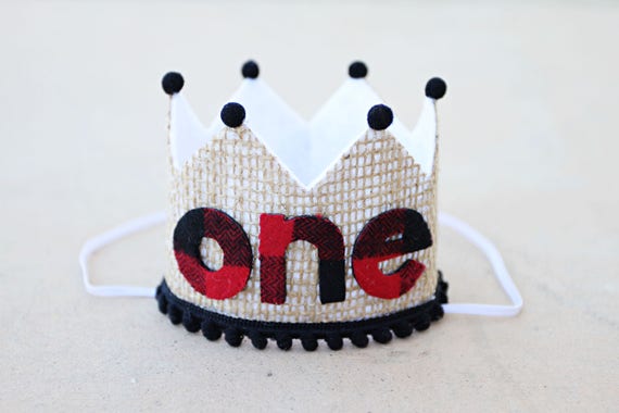 Boys 1st Birthday Lumberjack Crown - Buffalo Plaid Burlap First Birthday Crown - Woodland Party- Wild One - Happy Camper Il_570xn